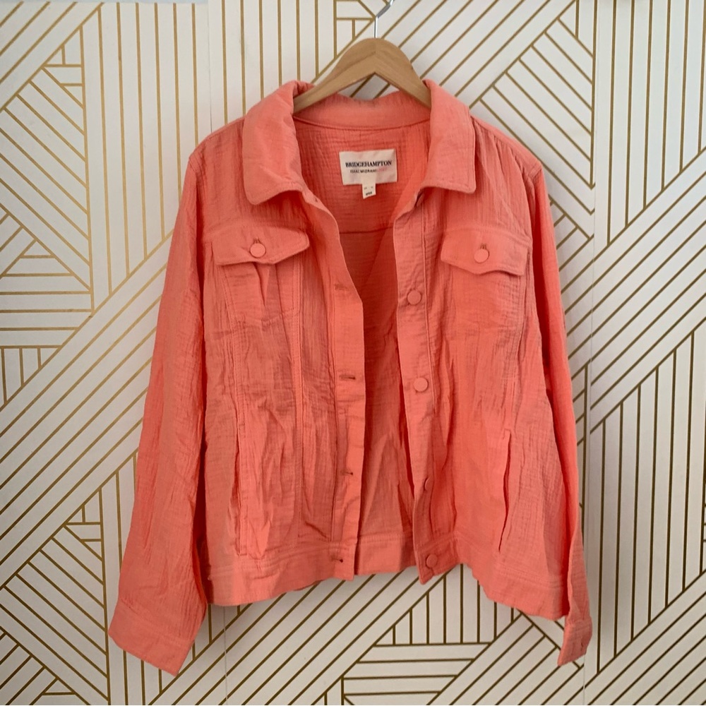 Bridge Hampton x Isaac Mizrahi Live 100% Cotton Gauze Button Up Jacket coral XL